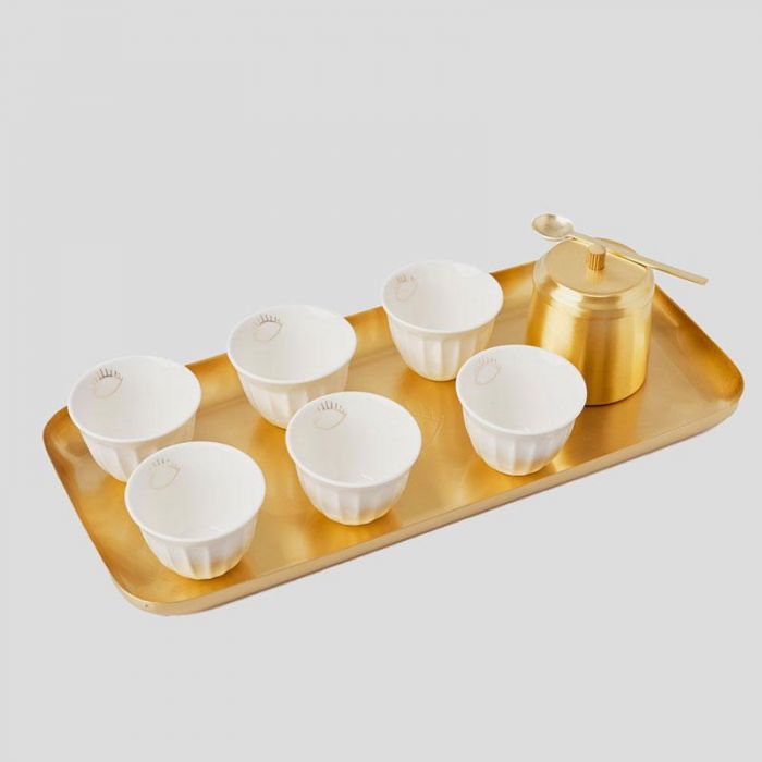BRASS TRAY W 6 EYE CHAFFE CUPS & SUGAR BOWL: ZARINA - صينية | ZARINA - زارينا