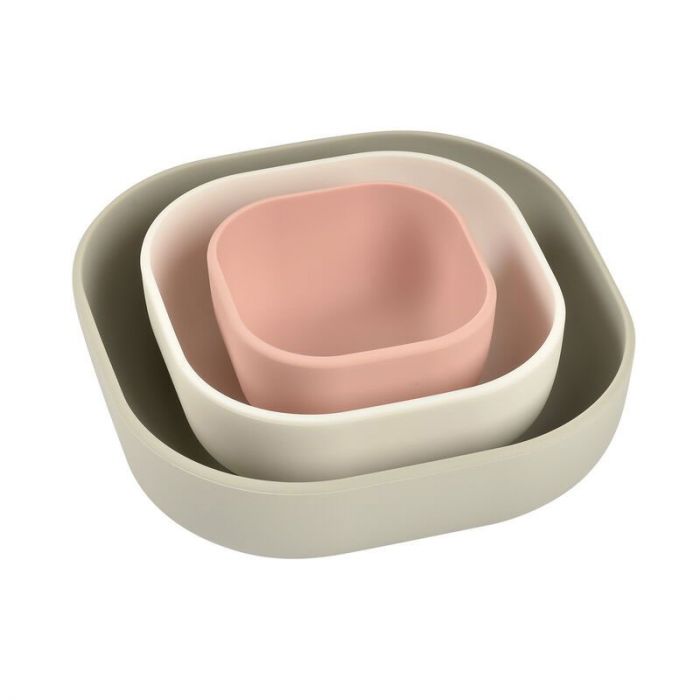 BEABA SILICONE 3 PIECE NESTING BOWL SET VELVET GREY COTTON DUSTY ROSE - إكسسوارات | BEABA - بيابا