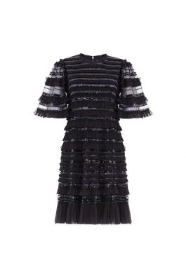 NANCY FRILL MINI DRESS :NEEDLE AND THREAD:BALLET BLACK - فستان