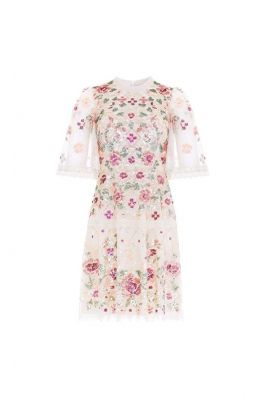 TRELLIS ROSE MINI DRESS :NEEDLE AND THREAD:CHAMPAGNE - فستان