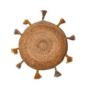 JUTE ROUND CUSHION WITH YELLOW TASSELS 40X8 - وسادة مستديرة  ذات شرابات صفراء مصنوعة من قماش الجوت - حجم 40X8