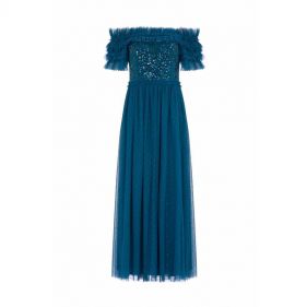 SEQUIN WREATH BODICE OFF-SHOULDER ANKLE GOWN - ثوب