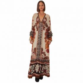 V NECKLINE LONG SLEEVE MAXI DRESS  - فستان