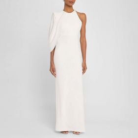 ASYMMETRICAL CAPE SLEEVE HALTER COLUMN IN CREPE - فستان