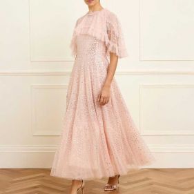 SCATTER DOT SHORT CAPE ANKLE GOWN - فستان
