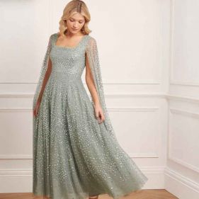 SCATTER DOT CAPE SLEEVE ANKLE GOWN  - فستان