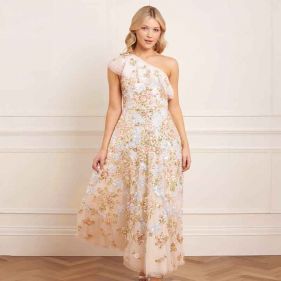 BAROQUE FLORAL ONE-SHOULDER ANKLE GOWN  - فستان