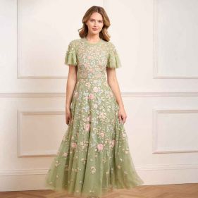 ANTOINETTES FLORAL ROUND NECK ANKLE GOWN  - فستان