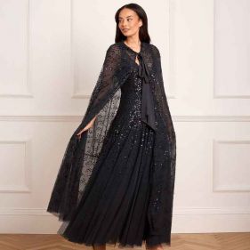 DAPPLED SEQUIN HOODED LONG CAPE  - فستان