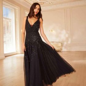 SEQUIN CASCADE CAMI PLUNGE GOWN  - فستان