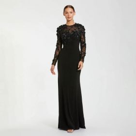JERSEY LS FITTED GOWN WITH FLORAL BEADING - فستان