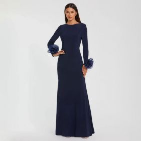 LONG SLEEVE FITTED JERSEY GOWN WITH 3D FLOWERS - فستان