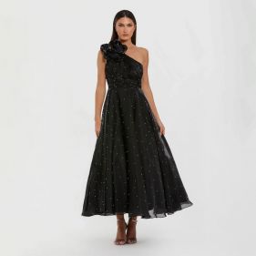 P BEADED OGZ ONE SHOULDER MID DRESS - فستان