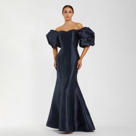SATIN OFF THE SHOULDER PUFF SLEEVE MERMAID GOWN - فستان