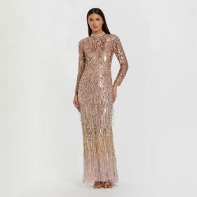 MOCK NECK LONG S SEQUIN  COLUMN GOWN - فستان
