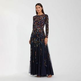 BEADED MESH LS HIGH NECK A LINE GOWN - فستان