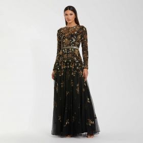 HAND BEADED MESH LS  HIGH NECK A LINE GOWN - فستان
