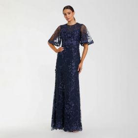 FLUTTER SLEEVE FLORAL EMBR NET GOWN - فستان