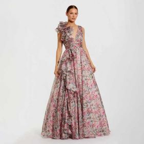SLEEVELESS V-NECK PRTD CHIFFON RUFFLE BALLGOWN - فستان
