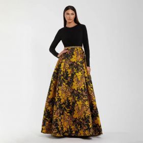 HIGH NECK LS JERSEY AND BROCADE BALLGOWN - فستان