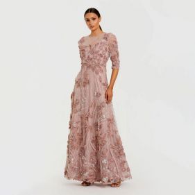 SLEEVE HIGH NECK EMBROIDERED A LINE GOWN - فستان