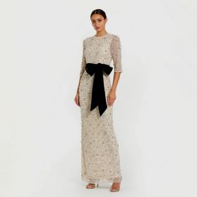 BEADED MESH  SLEEVE COLUMN GOWN WITH BOW BELT - فستان