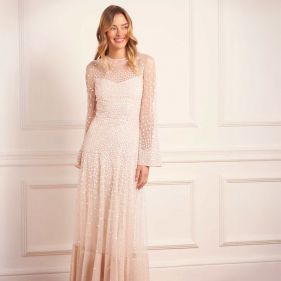SEQUIN CASCADE LS ANKLE GOWN  - فستان