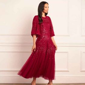 SCALLOP SEQUIN ROUND NECK ANKLE GOWN  - فستان