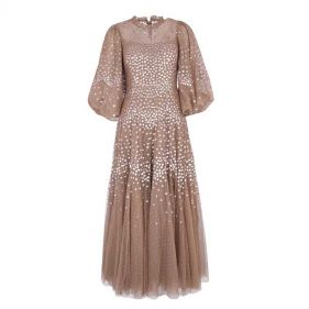 SCALLOP SEQUIN ROUND NECK ANKLE GOWN  - فستان