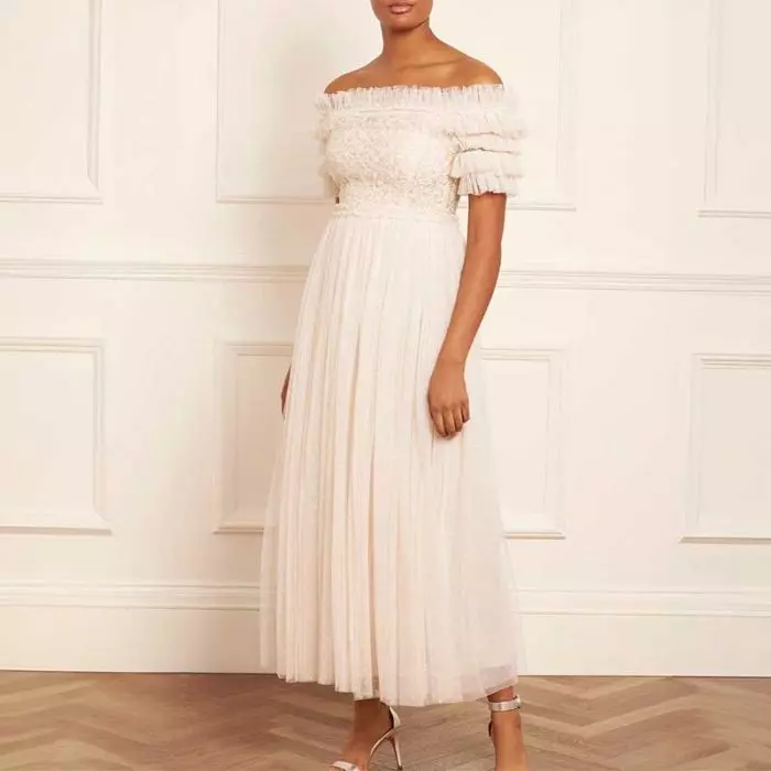 MIDSUMMER LACE BODICE OFF SHOULDER ANKLE GOWN
